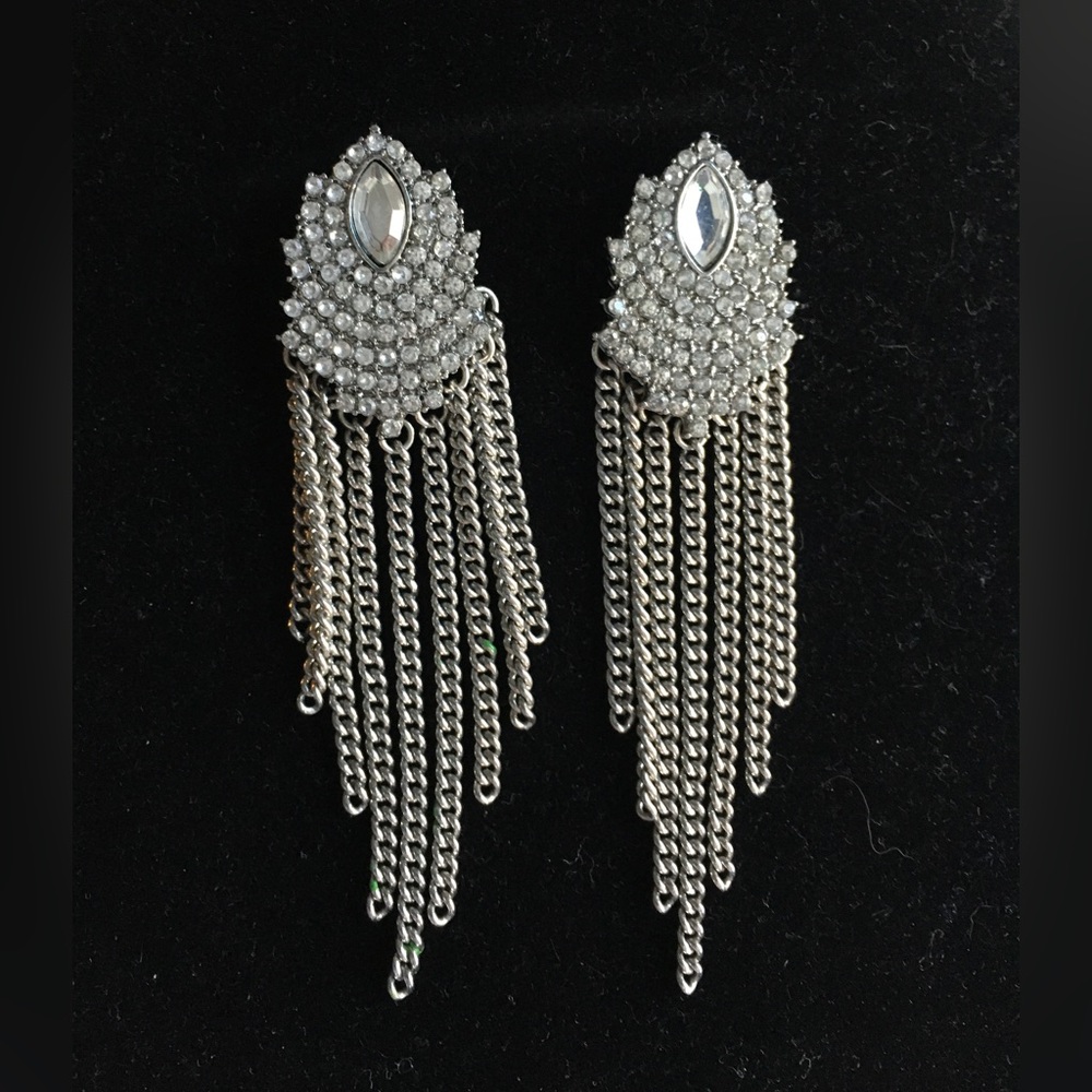 Art Deco Style swishy silver tone chain rhinestone earrings